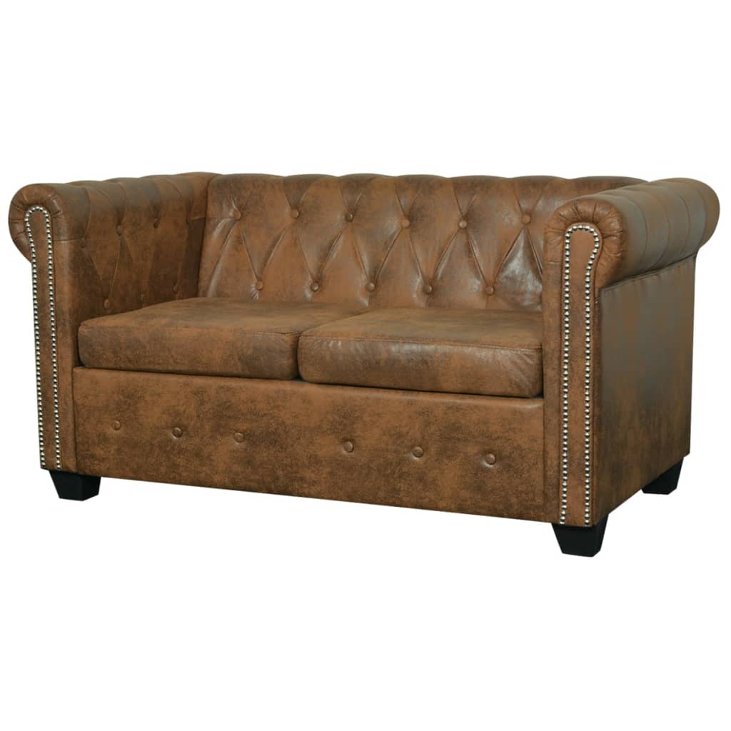 vidaXL Chesterfield dvivietė sofa, dirbtinė oda, ruda