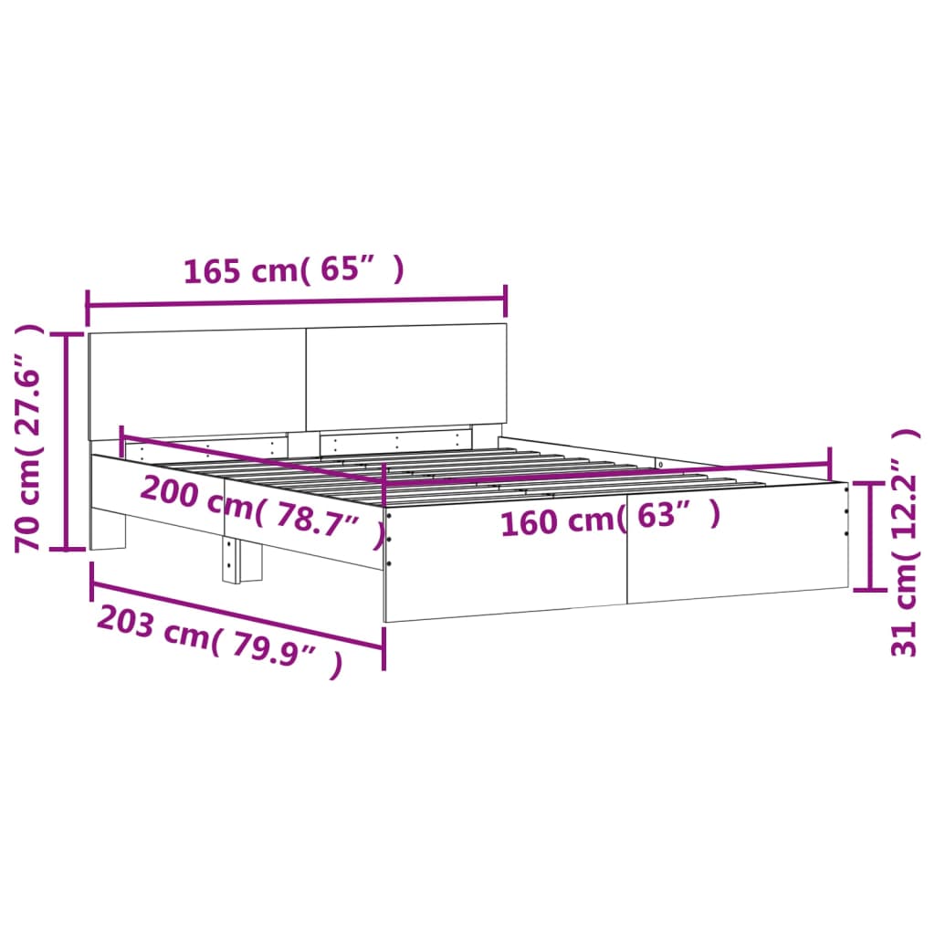 vidaXL Lovos rėmas su galvūgaliu ir LED, pilkas ąžuolo, 160x200cm