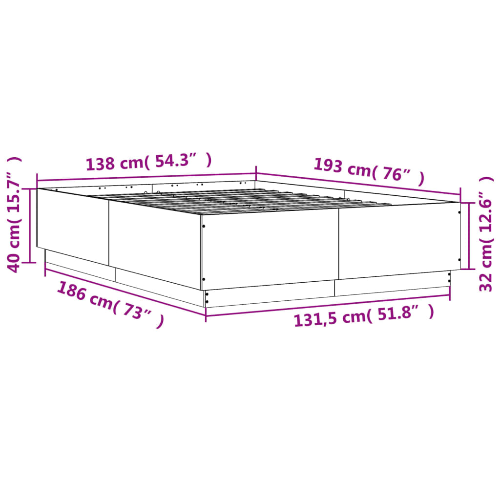 vidaXL Lovos rėmas su LED, rudas ąžuolo, 135x190cm, apdirbta mediena