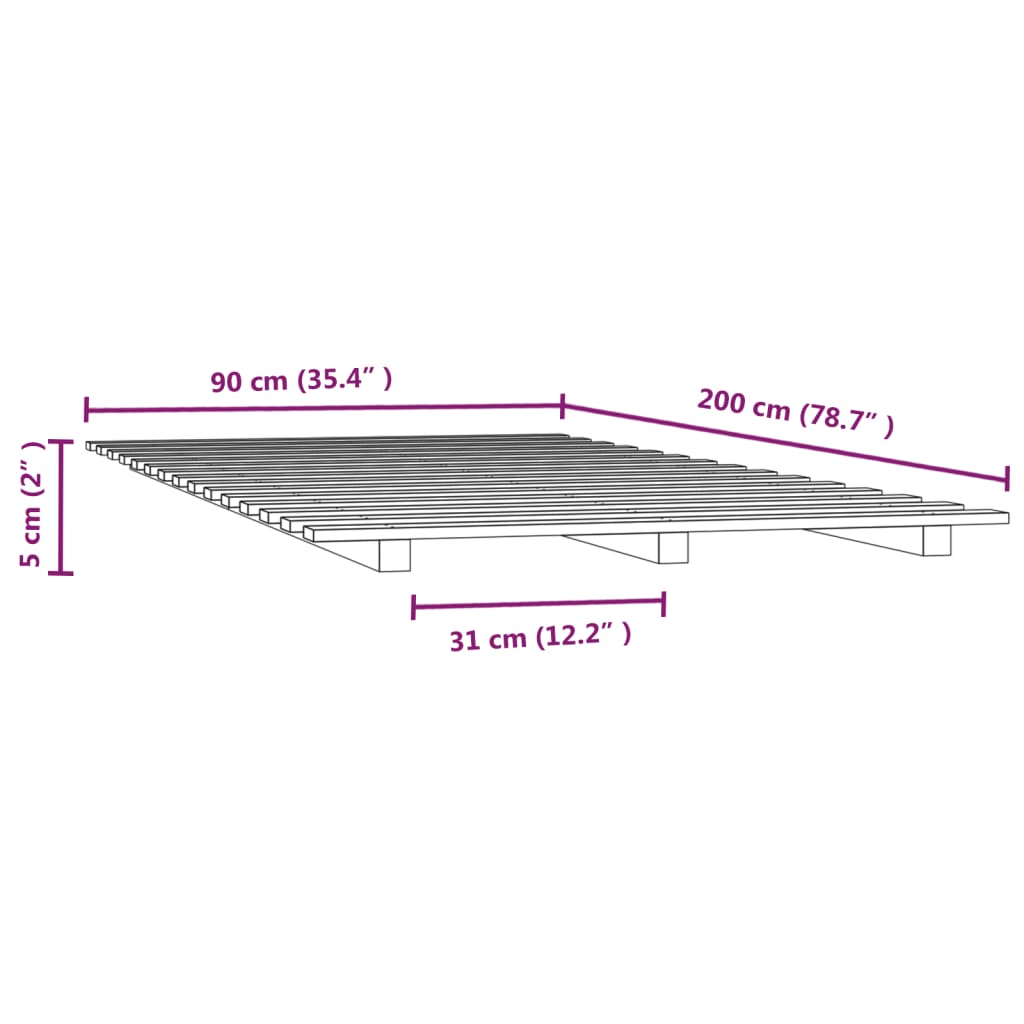 vidaXL Lovos rėmas, 90x200cm, pušies medienos masyvas