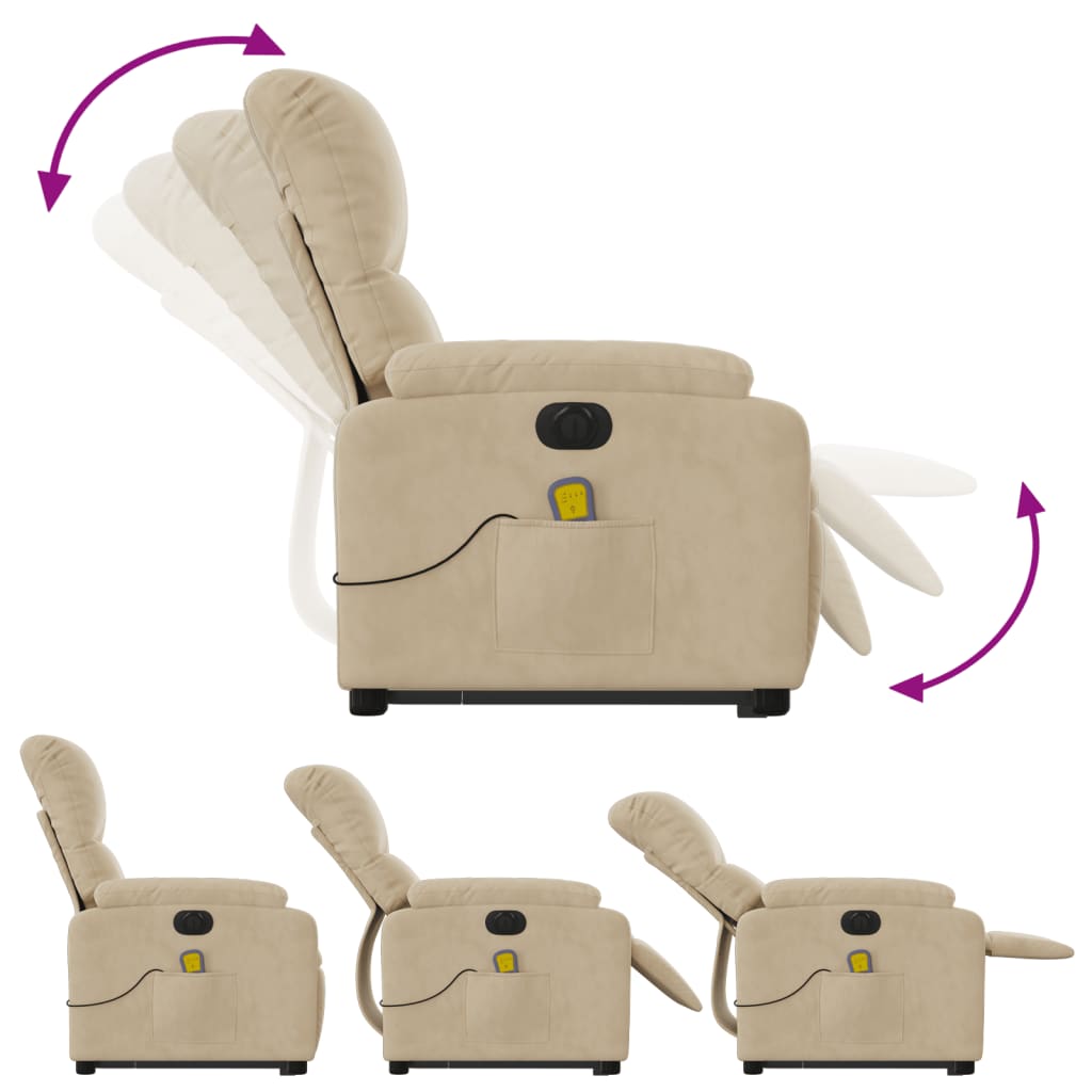 vidaXL Atsistojantis masažinis krėslas, kreminis, mikropluošto audinys