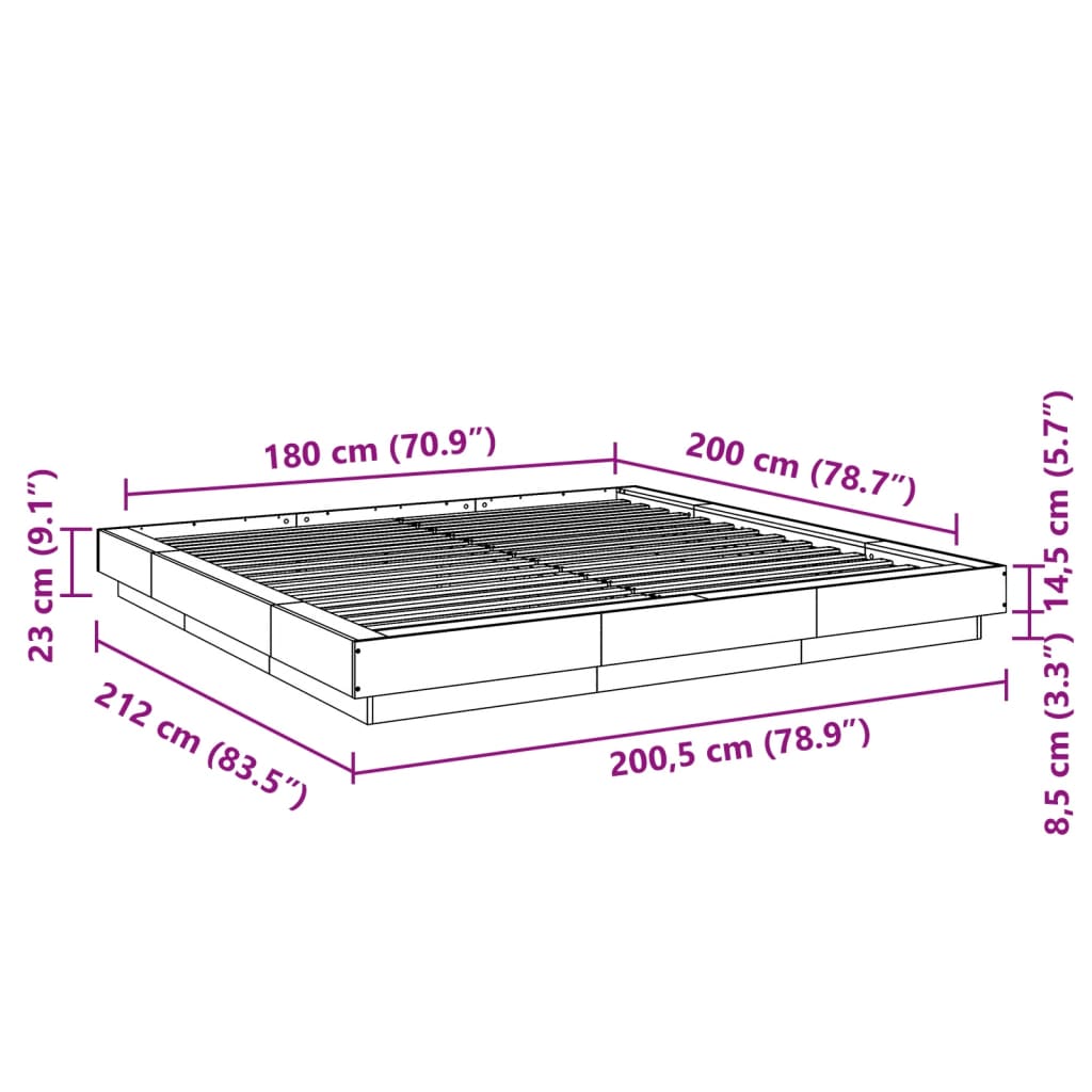 vidaXL Lovos rėmas su LED, betono pilkas, 180x200cm, apdirbta mediena