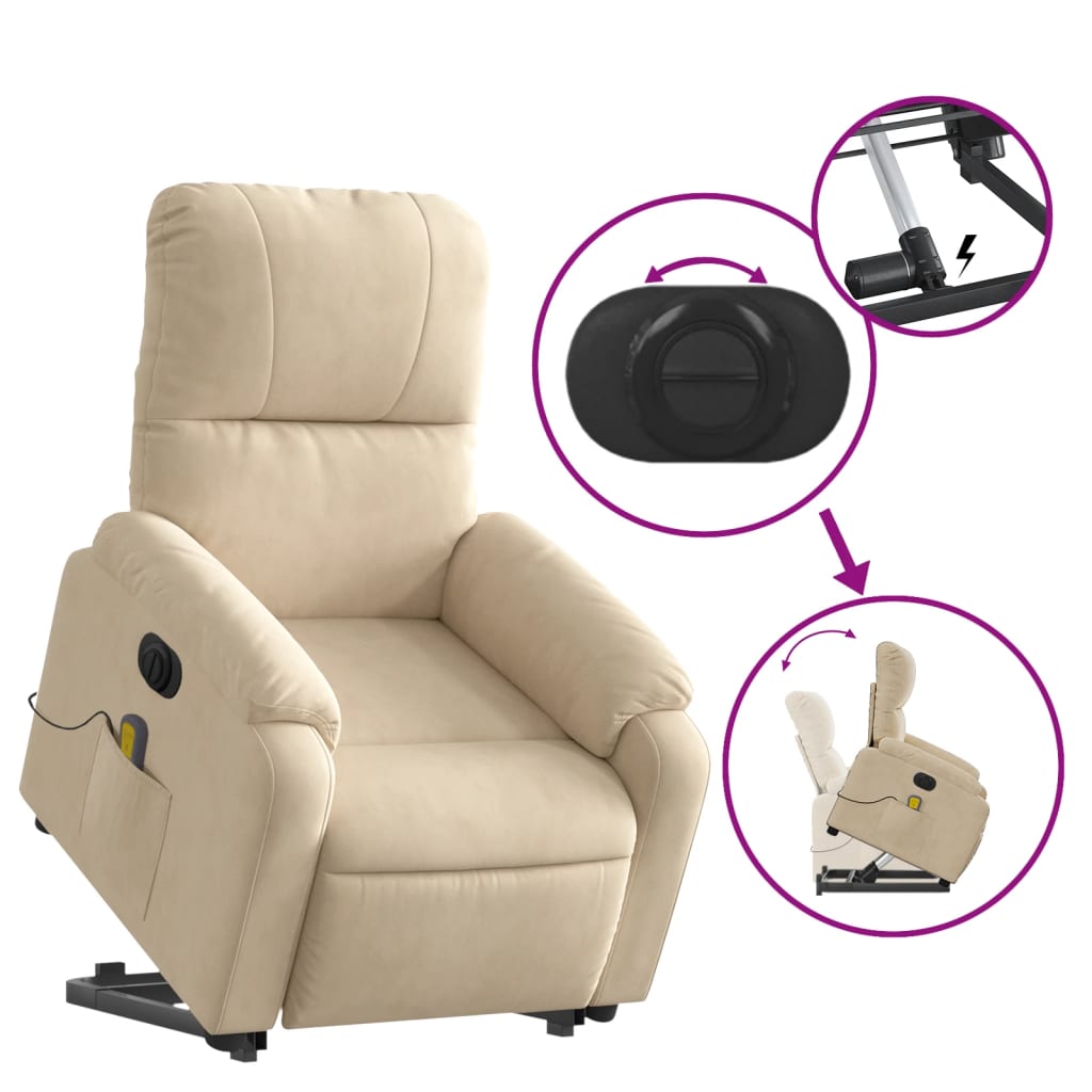vidaXL Atsistojantis masažinis krėslas, kreminis, mikropluošto audinys