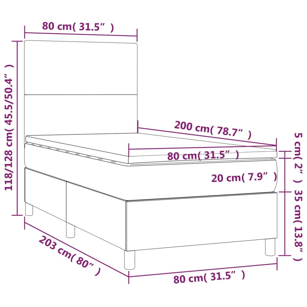 vidaXL Lova su spyruoklėmis/čiužiniu/LED, pilka, 80x200cm, aksomas