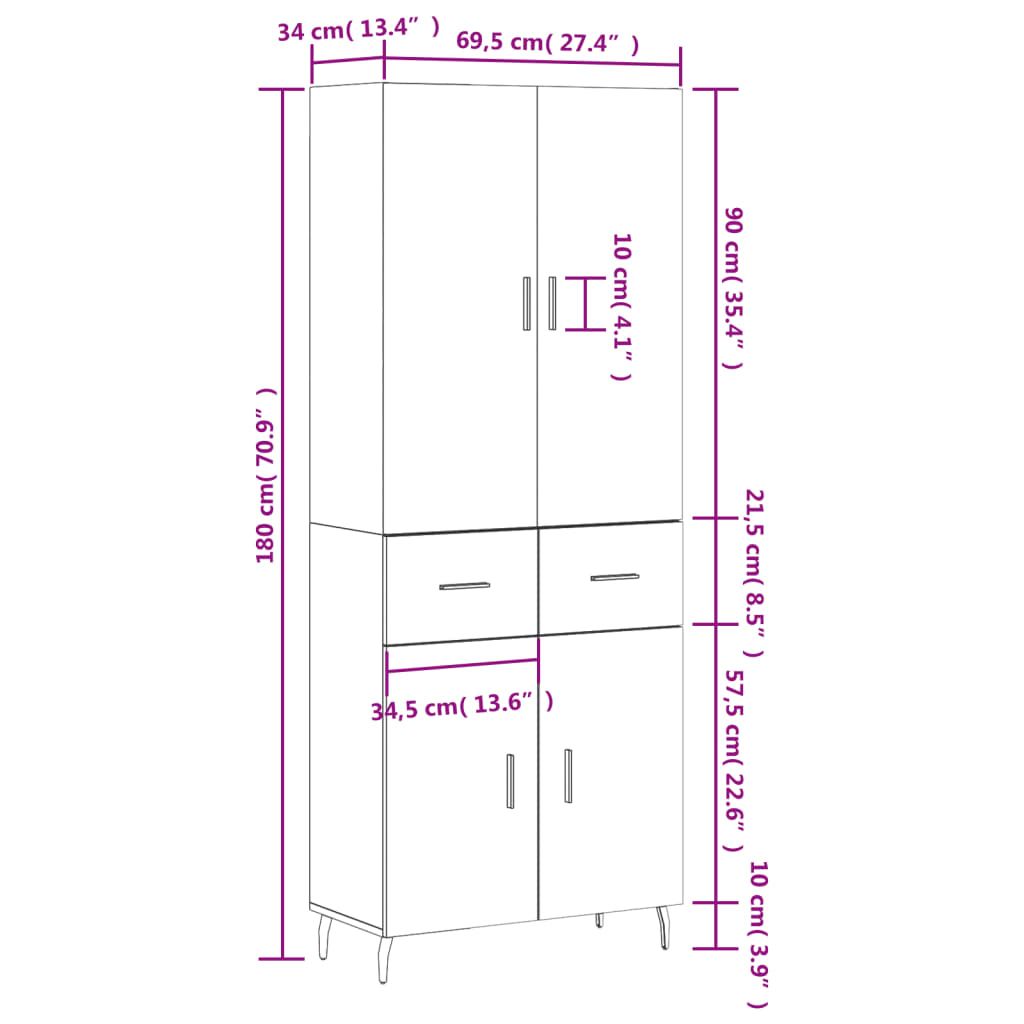 vidaXL Komoda, betono pilkos spalvos, 69,5x34x180cm, apdirbta mediena