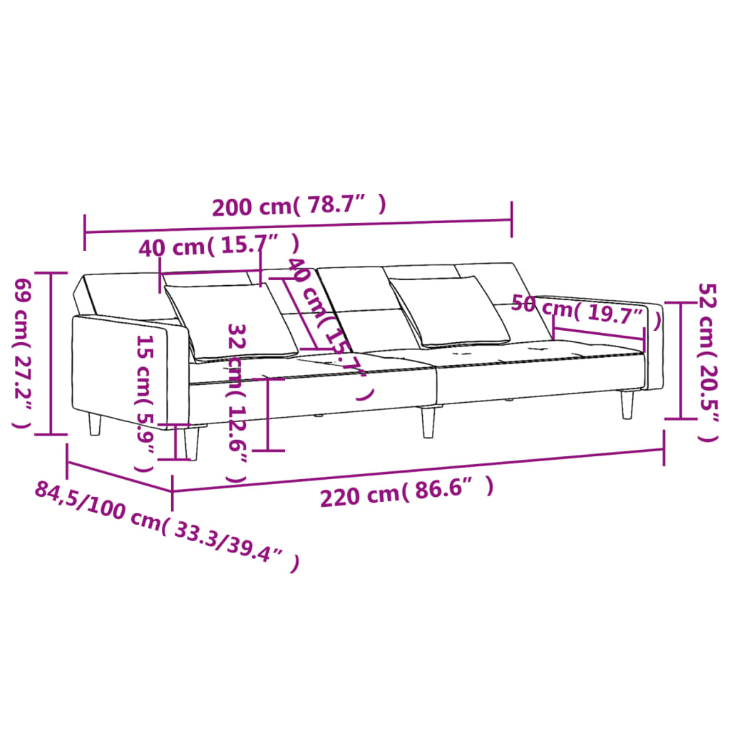 vidaXL Dvivietė sofa-lova su dvejomis pagalvėmis, vyno, aksomas