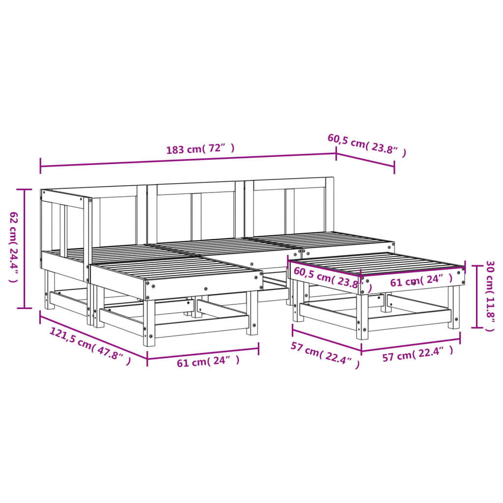 vidaXL Sodo poilsio baldų komplektas, 5 dalių, baltas, pušies masyvas
