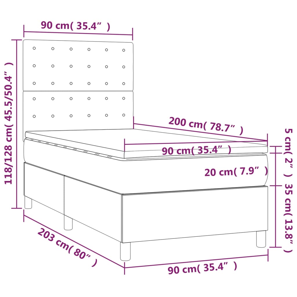 vidaXL Lova su spyruoklėmis/čiužiniu/LED, balta, 90x200cm dirbtinė oda