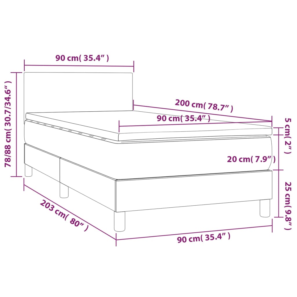 vidaXL Lova su spyruoklėmis/čiužiniu/LED, pilka, 90x200cm dirbtinė oda