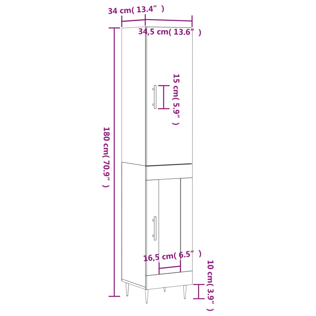 vidaXL Komoda, baltos spalvos, 34,5x34x180cm, apdirbta mediena, blizgi