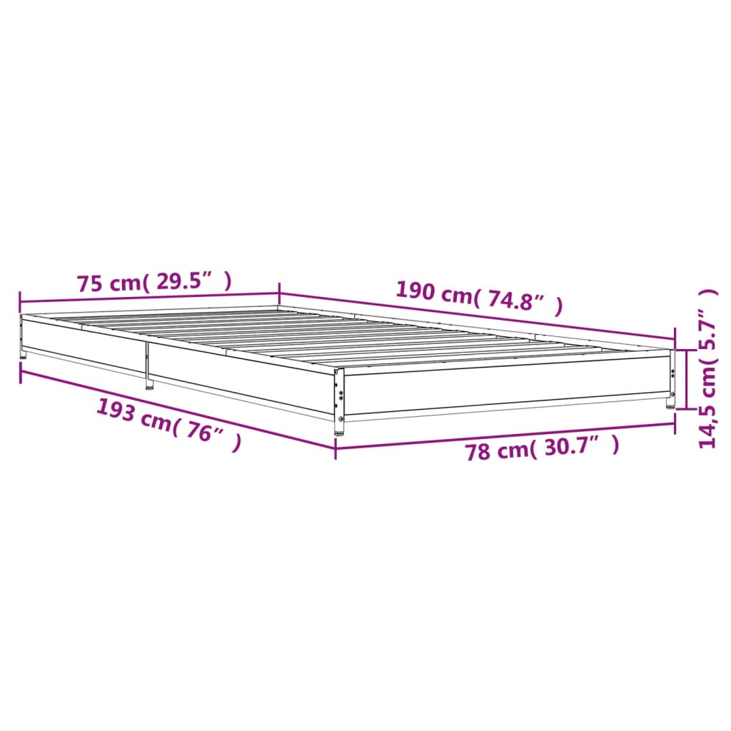 vidaXL Lovos rėmas, pilkas ąžuolo, 75x190cm, apdirbta mediena/metalas