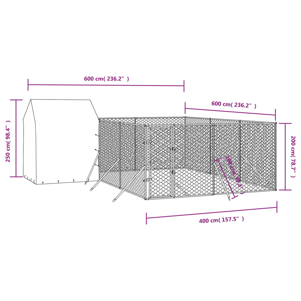 vidaXL Lauko voljeras šunims su stogu, sidabrinis, 6x6x2,5m, plienas