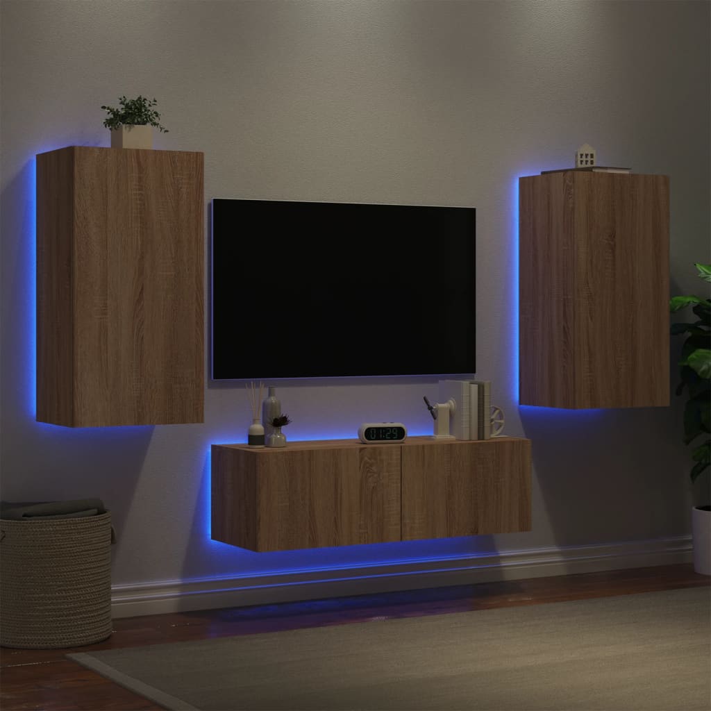 vidaXL Sieninės TV spintelės su LED lemputėmis, 3 dalių, ąžuolo