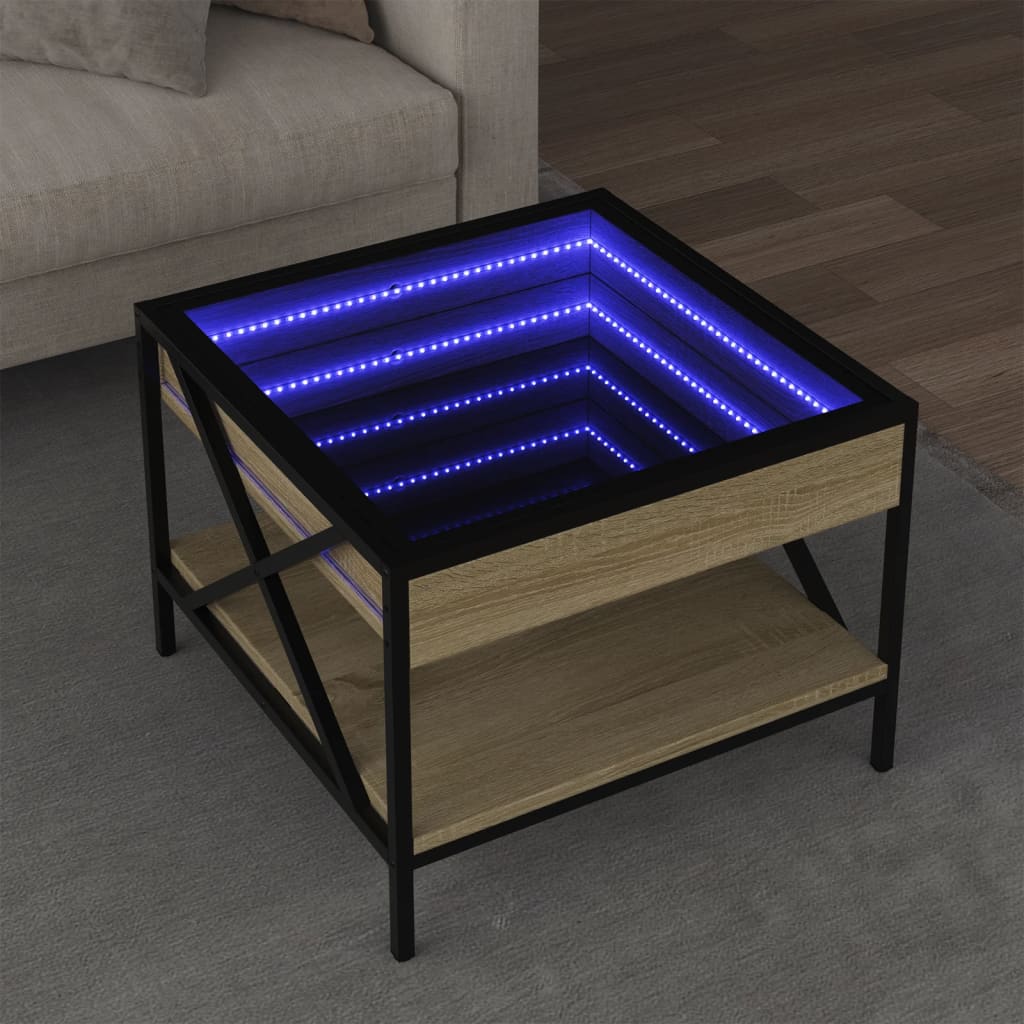 vidaXL Kavos staliukas su Infinity LED lemputėmis, ąžuolo, 50x50x38cm