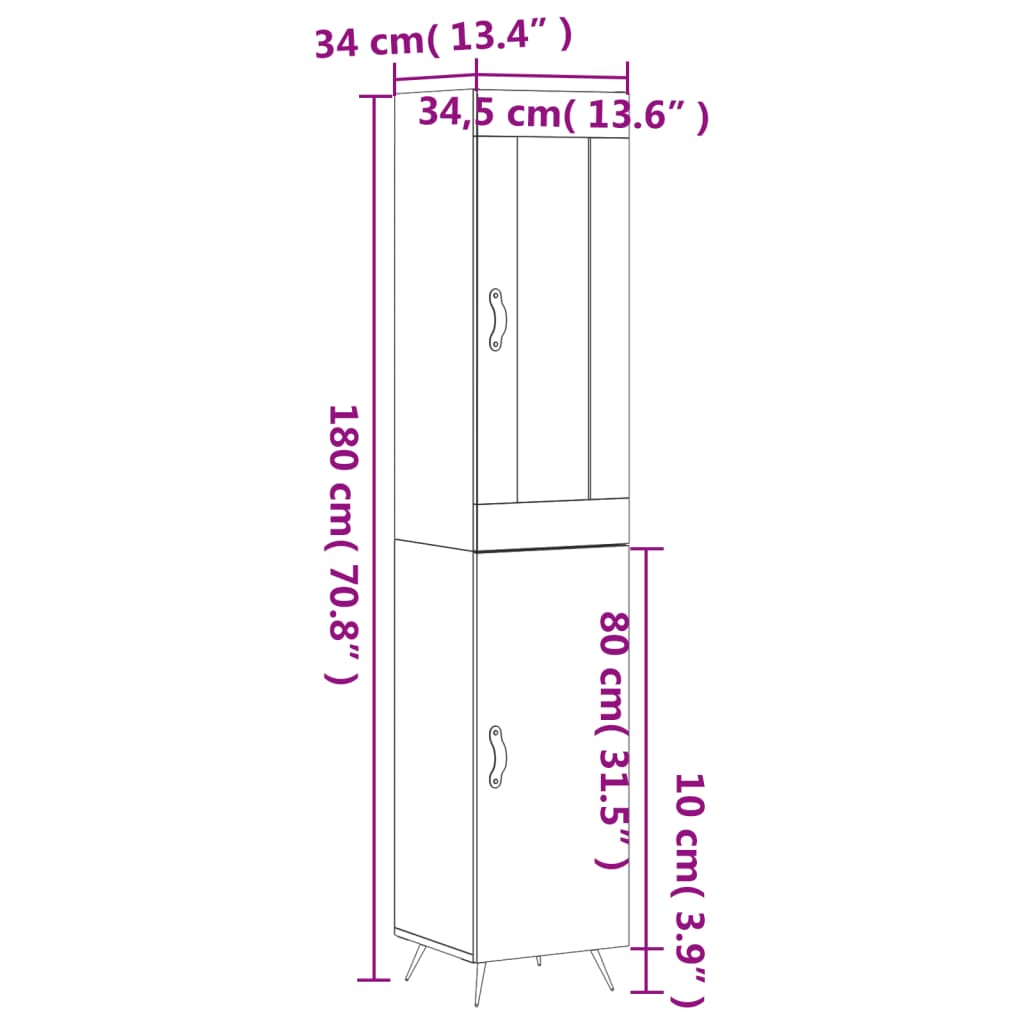 vidaXL Komoda, betono pilkos spalvos, 34,5x34x180cm, apdirbta mediena