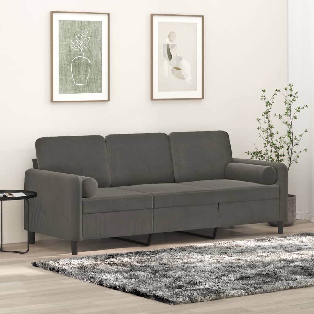 vidaXL Trivietė sofa su pagalvėmis, tamsiai pilka, 180cm, aksomas