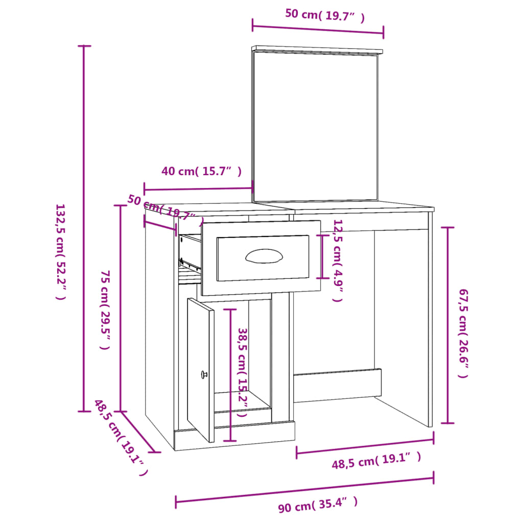 vidaXL Kosmetinis staliukas, baltas, 90x50x132,5cm, mediena