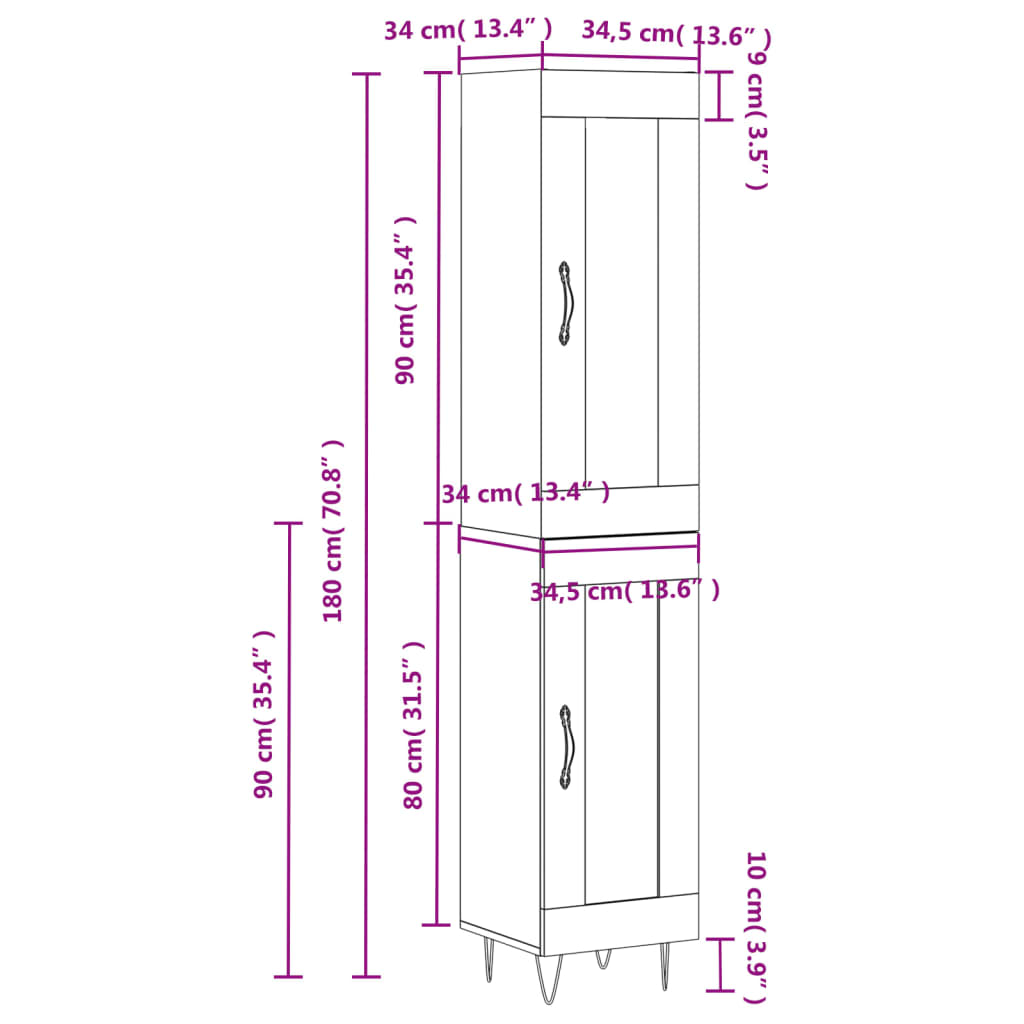 vidaXL Komoda, betono pilkos spalvos, 34,5x34x180cm, apdirbta mediena