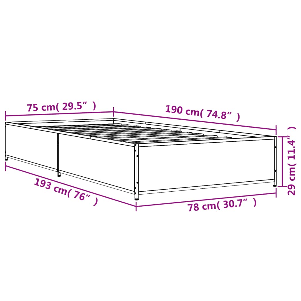 vidaXL Lovos rėmas, ąžuolo, 75x190cm, apdirbta mediena ir metalas