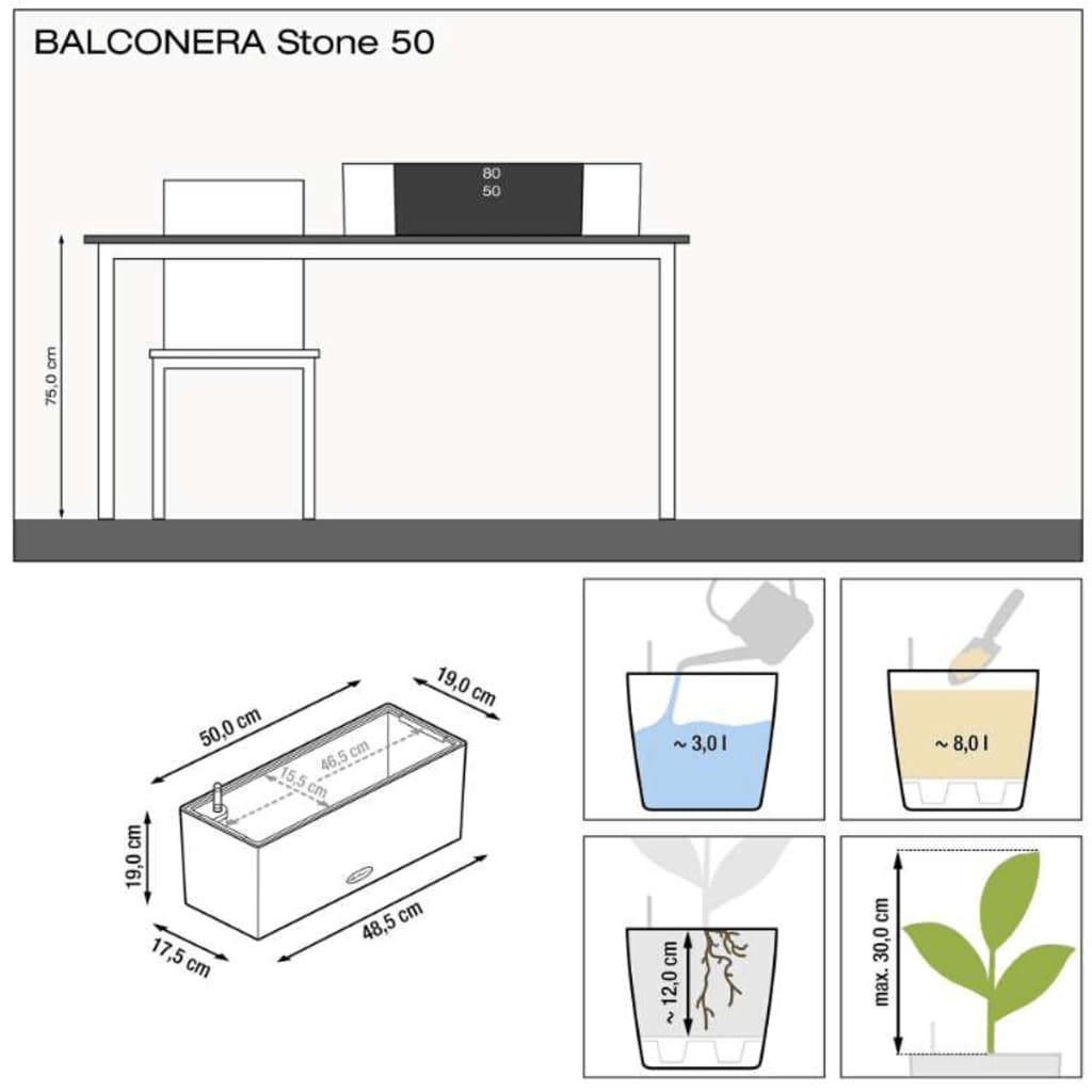 LECHUZA Lovelis BALCONERA Stone 50 ALL-IN-ONE, pilkos spalvos