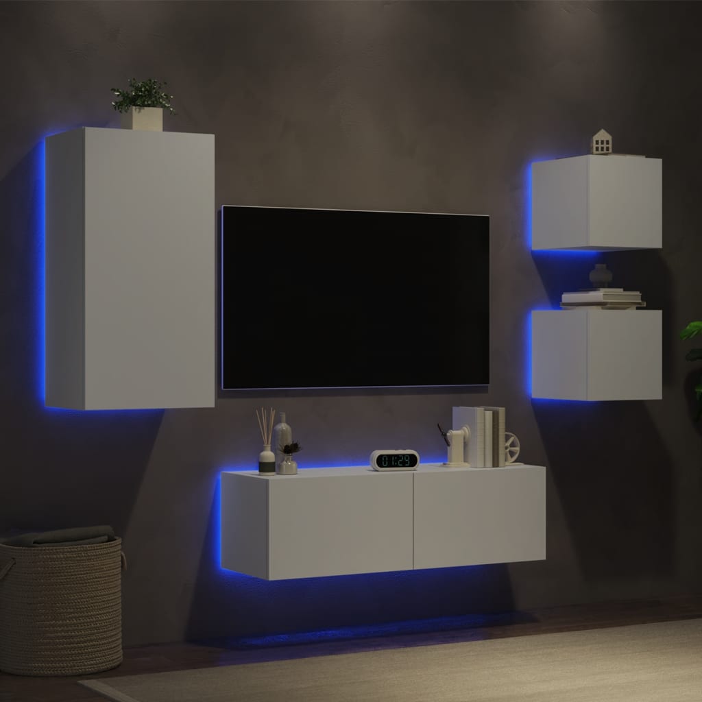 vidaXL Sieninės TV spintelės su LED lemputėmis, 4 dalių, baltos