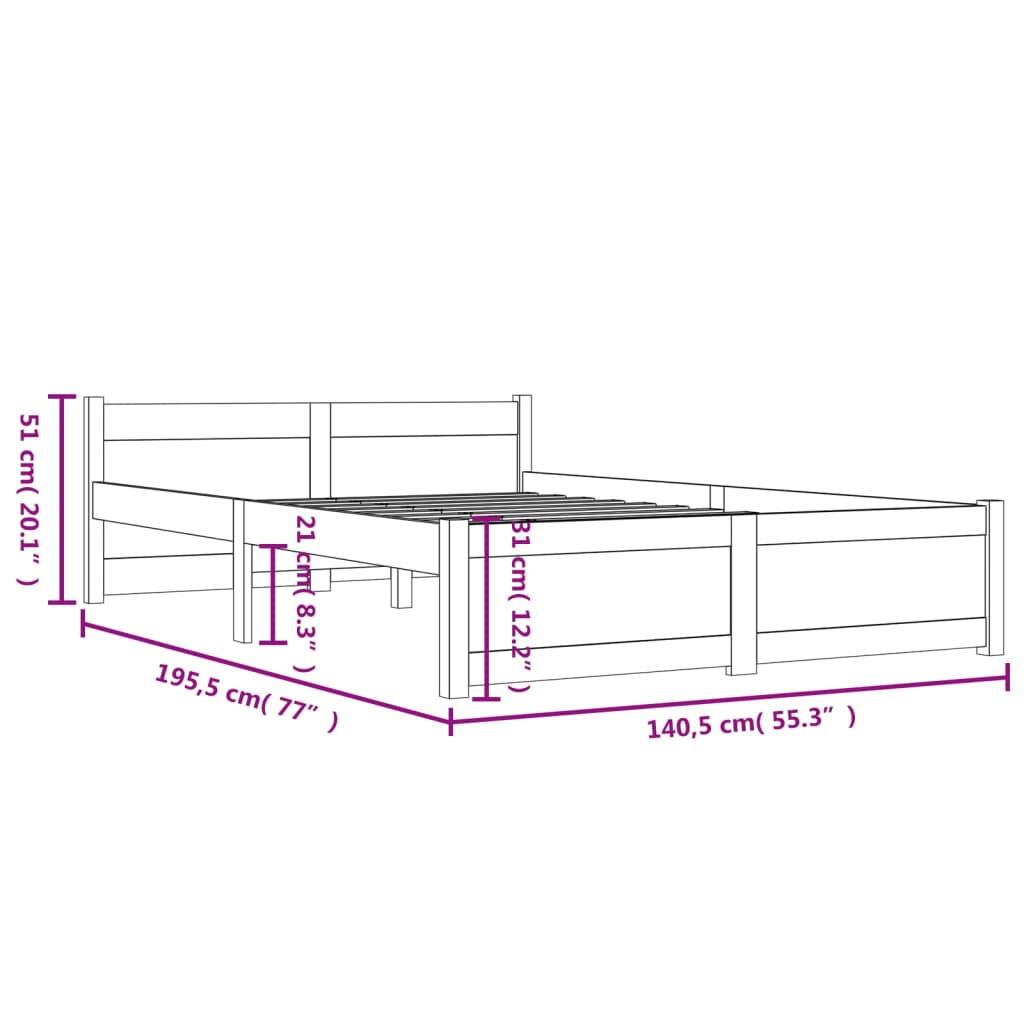 vidaXL Lovos rėmas, baltas, 135x190cm, medienos masyvas, dvivietis