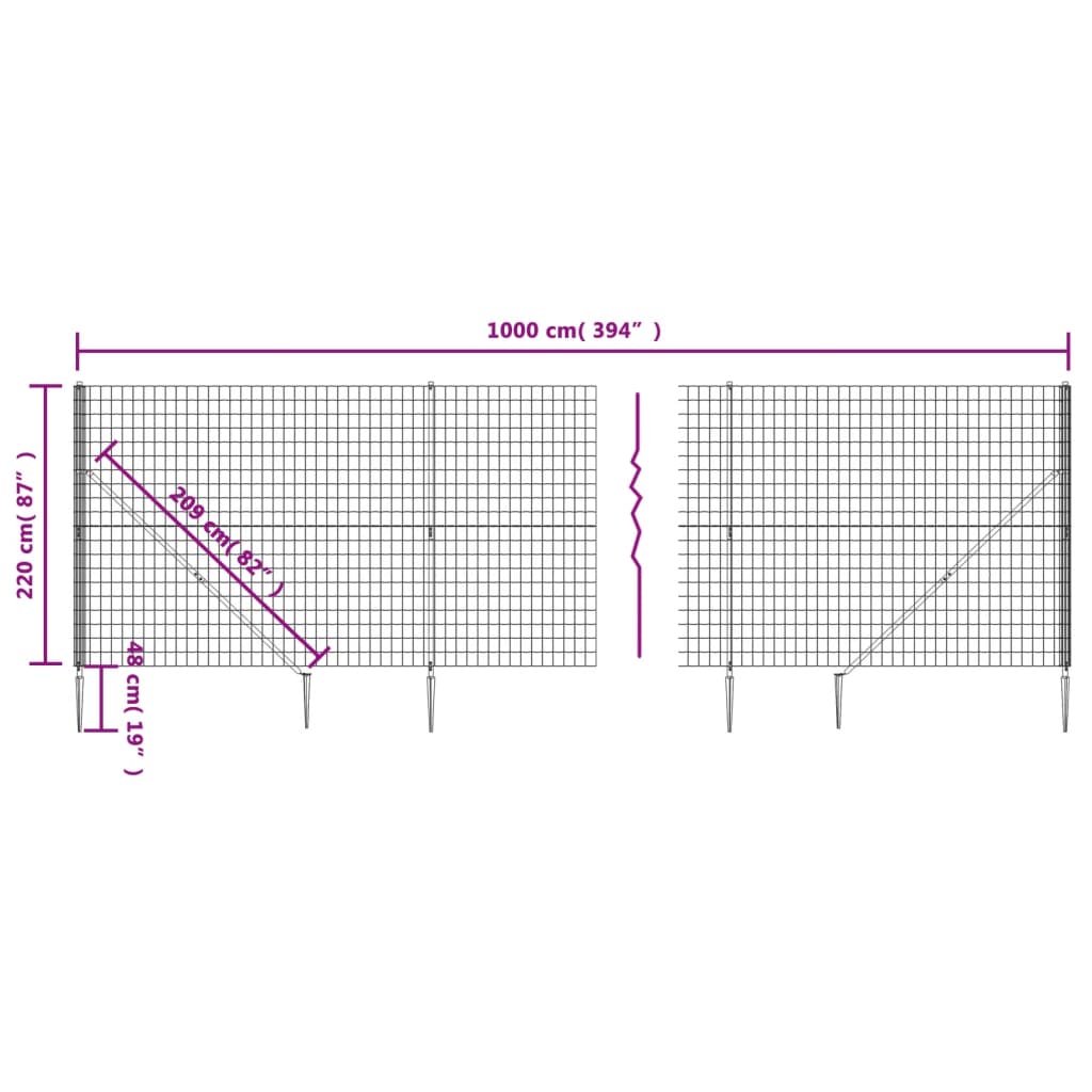 vidaXL Vielinė tinklinė tvora su smaigais, antracito spalvos, 2,2x10m