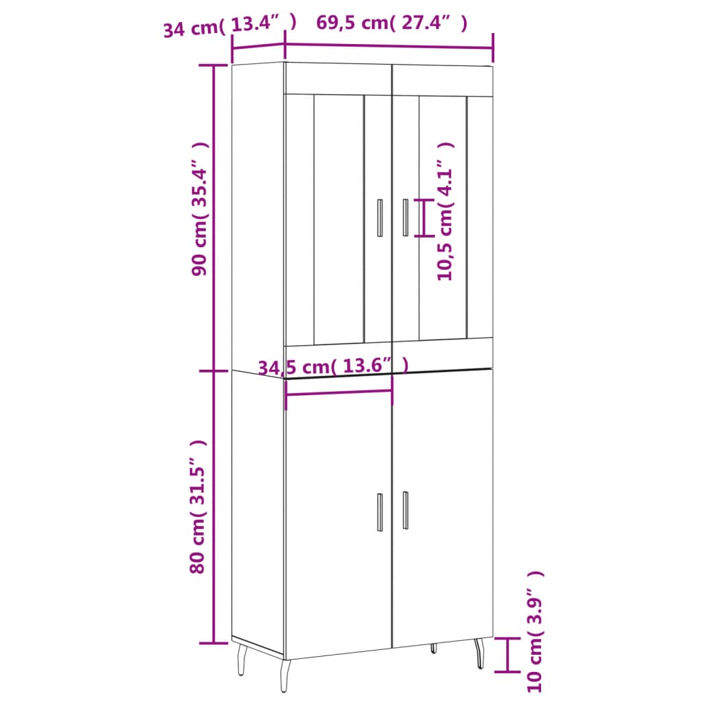 vidaXL Komoda, juodos spalvos, 69,5x34x180cm, apdirbta mediena