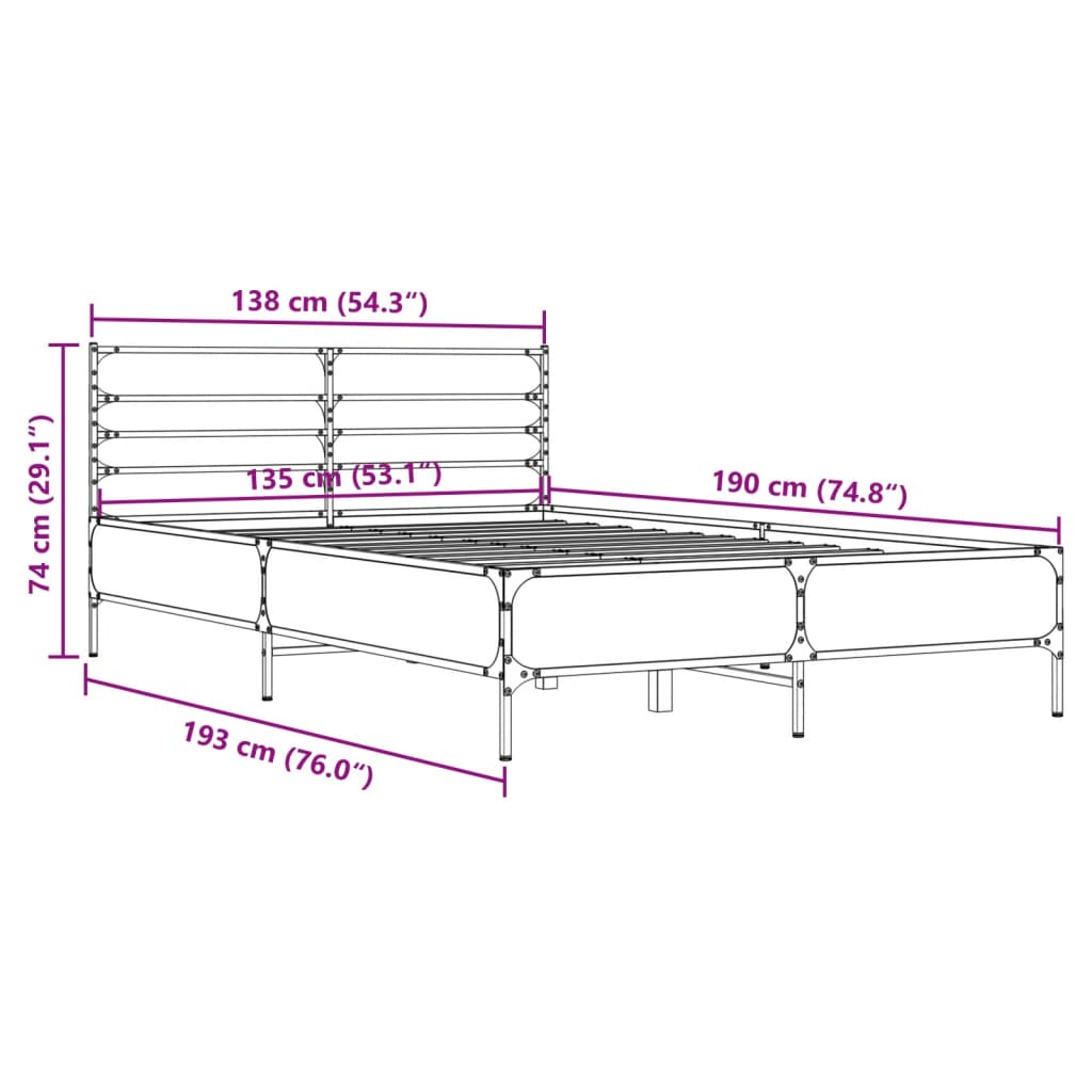 vidaXL Lovos rėmas, ąžuolo, 135x190cm, apdirbta mediena ir metalas