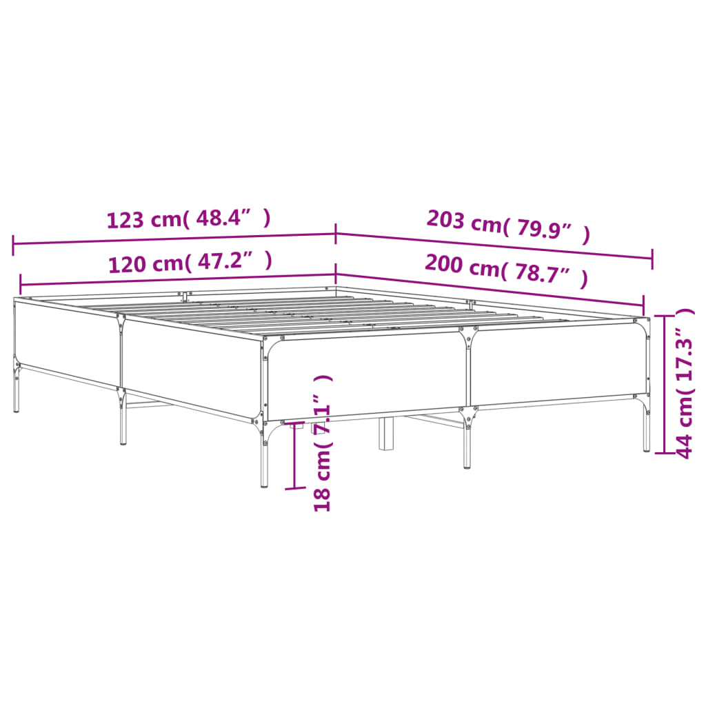 vidaXL Lovos rėmas, pilkas ąžuolo, 120x200cm, apdirbta mediena/metalas