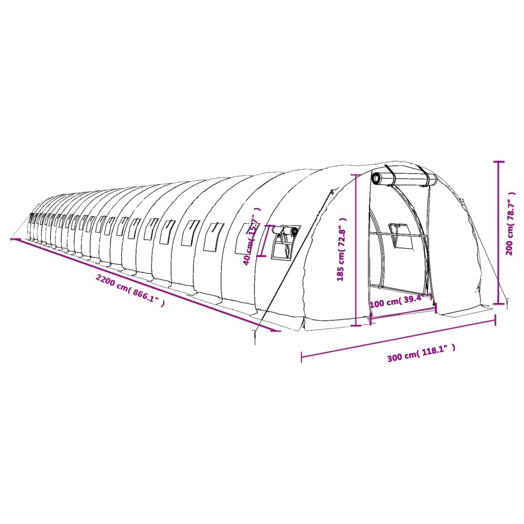 vidaXL Šiltnamis su plieno rėmu, žalios spalvos, 22x3x2m, 66m²