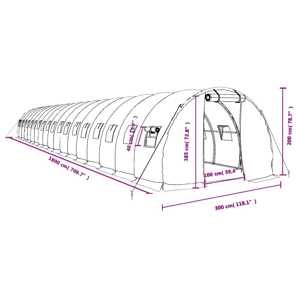 vidaXL Šiltnamis su plieno rėmu, baltos spalvos, 18x3x2m, 54m²