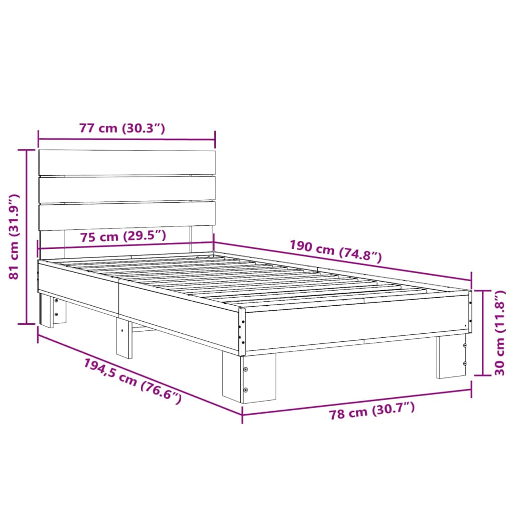 vidaXL Lovos rėmas, rudas ąžuolo, 75x190cm, apdirbta mediena/metalas