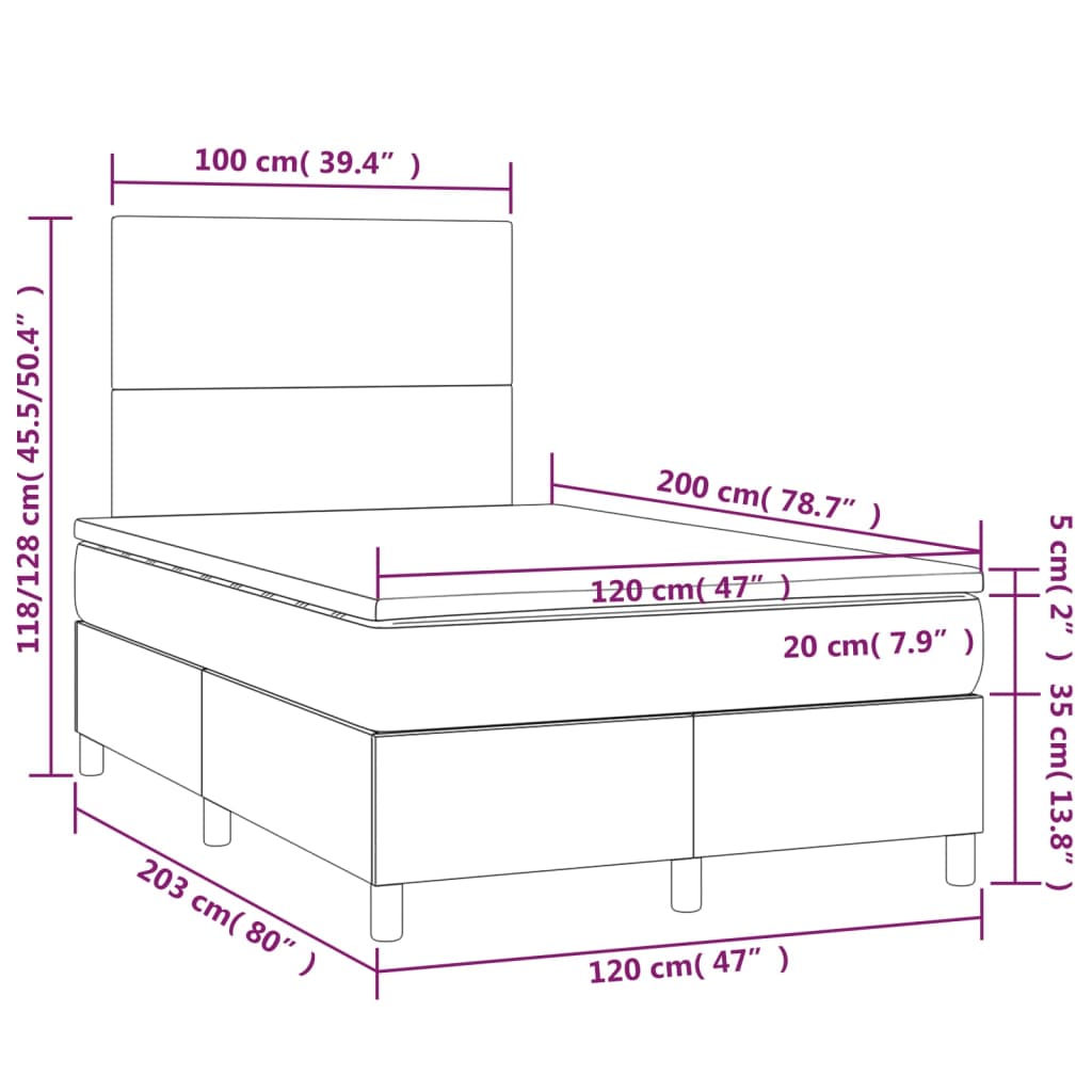 vidaXL Lova su spyruoklėmis/čiužiniu/LED, pilka, 120x200cm, audinys