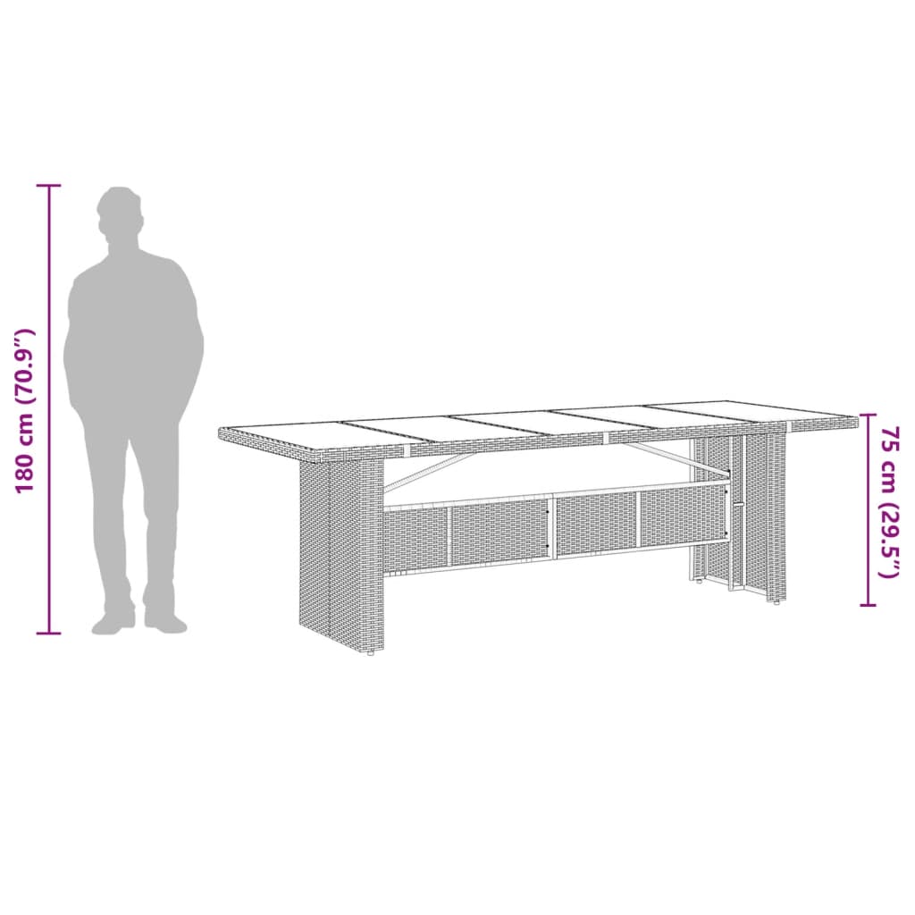 vidaXL Stalas su stikliniu stalviršiu, juodas, 240x90x75cm, PE ratanas