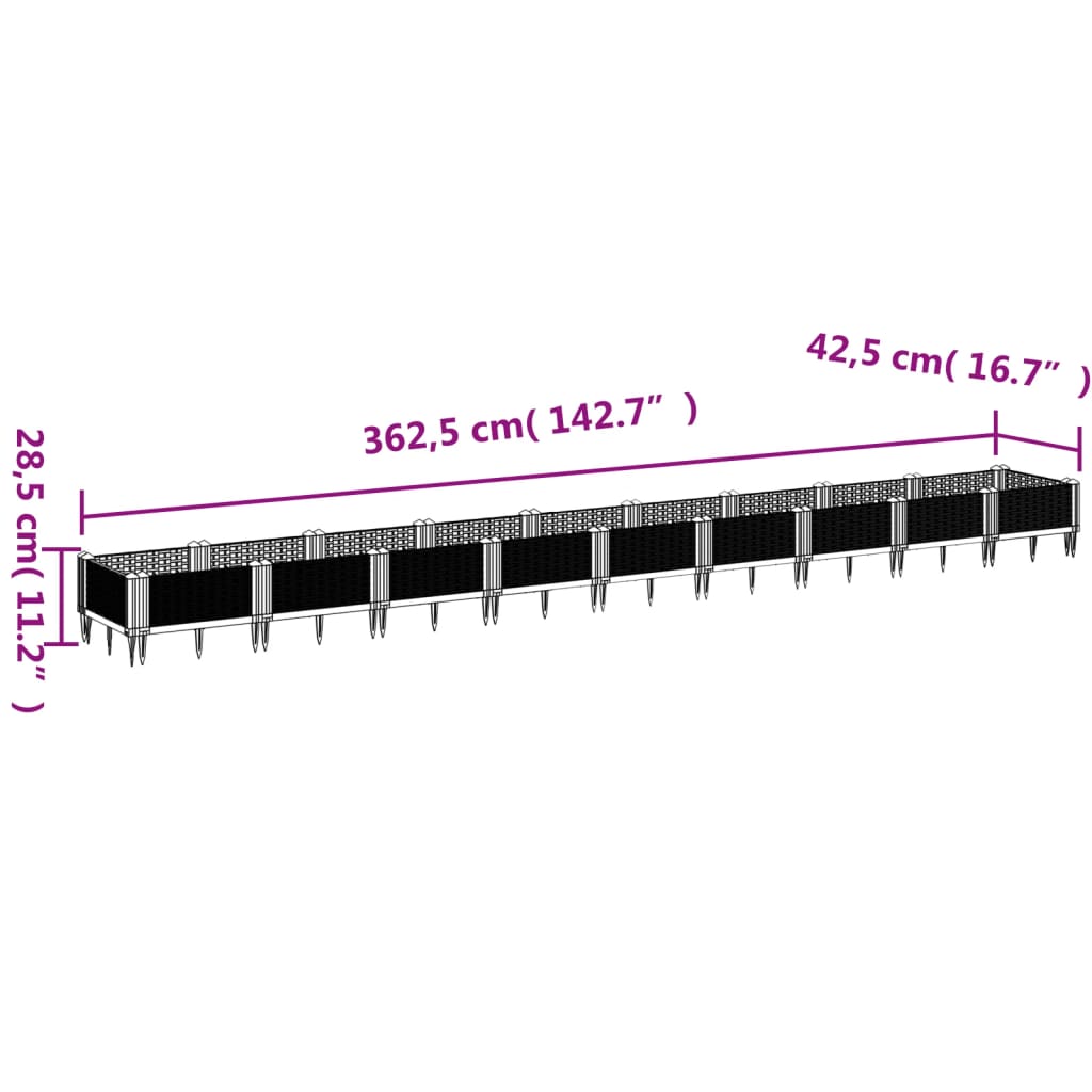 vidaXL Sodo lovelis su kuoliukais, pilkas, 362,5x42,5x28,5cm, PP