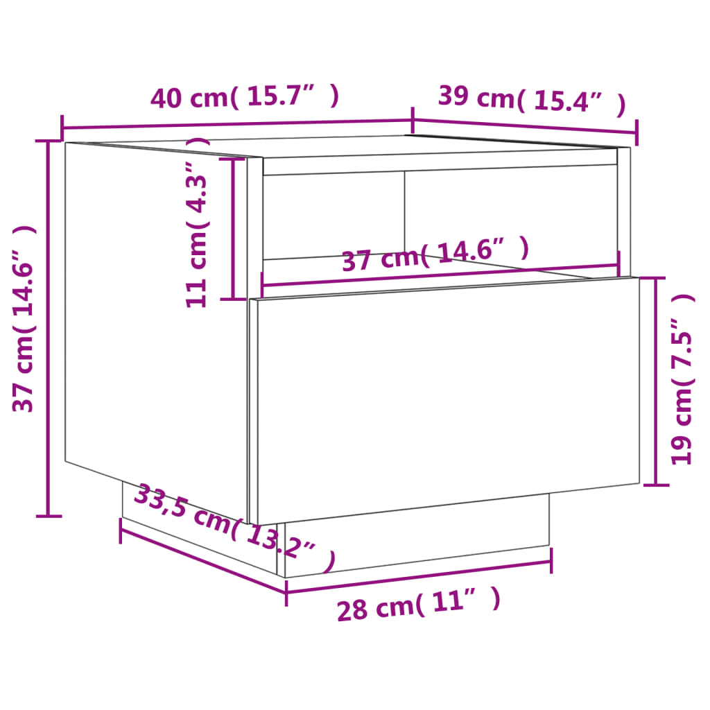 vidaXL Naktinė spintelė su LED lemputėmis, balta, 40x39x37cm