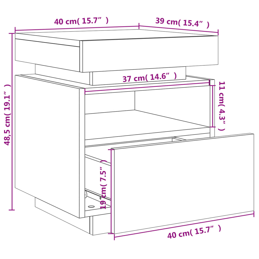 vidaXL Naktinė spintelė su LED lemputėmis, pilka ąžuolo, 40x39x48,5cm