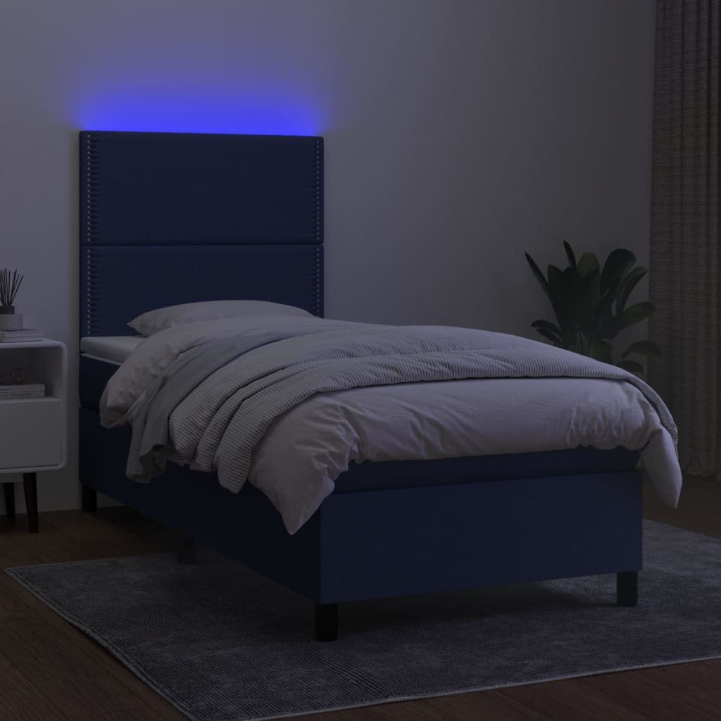 vidaXL Lova su spyruoklėmis/čiužiniu/LED, mėlyna, 100x200 cm, audinys