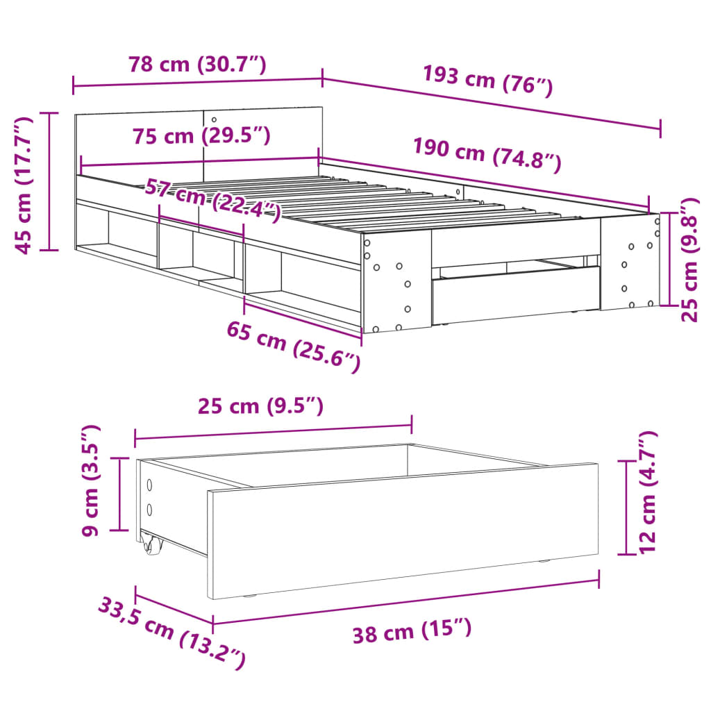 vidaXL Lovos rėmas su stalčiumi, ąžuolo, 75x190cm, apdirbta mediena