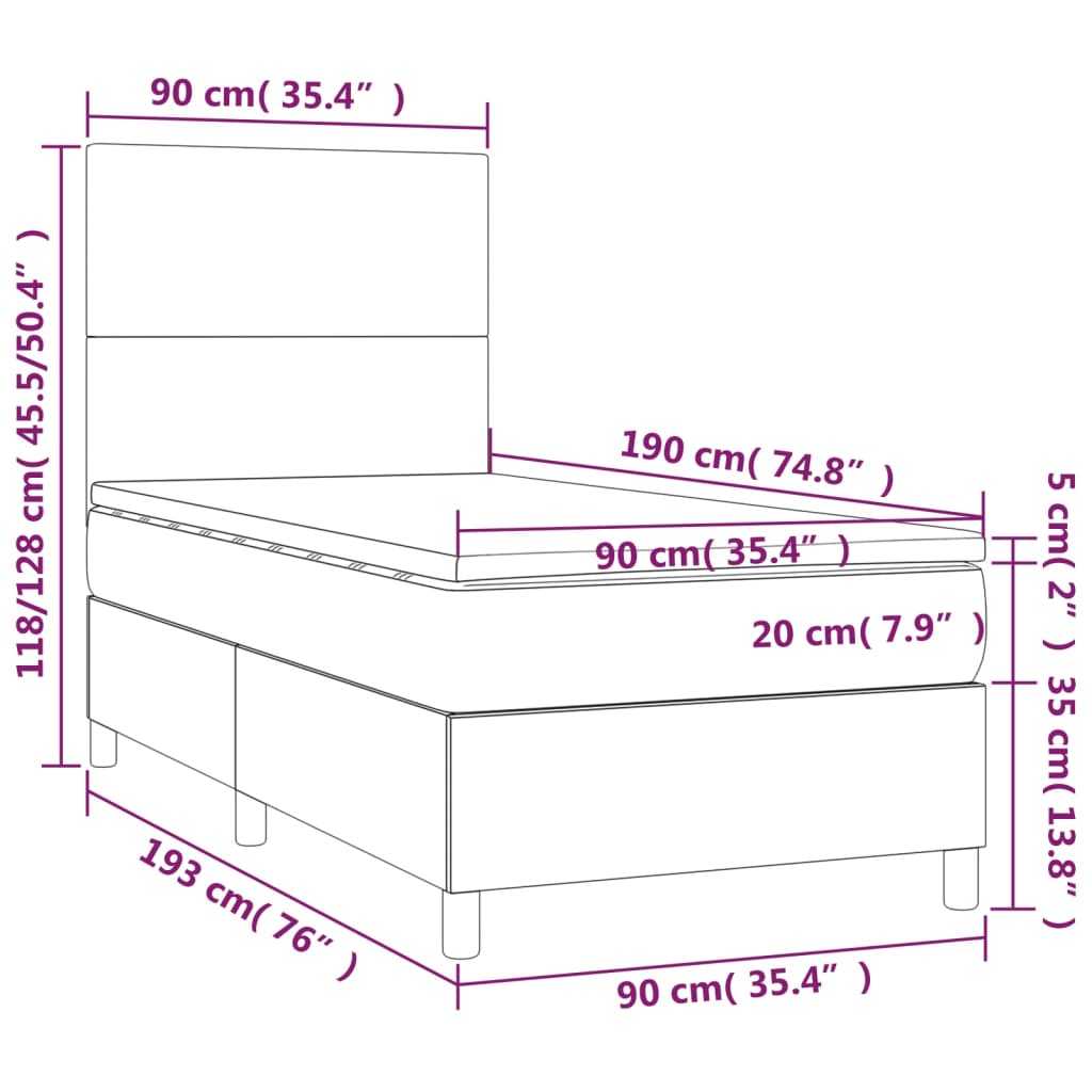 vidaXL Lova su spyruoklėmis/čiužiniu/LED, juoda, 90x190cm dirbtinė oda