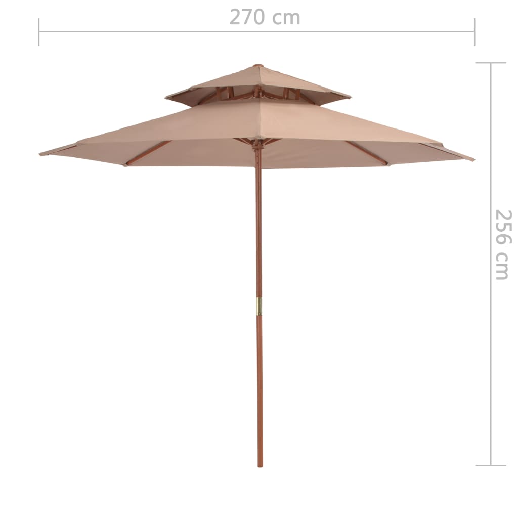 vidaXL Skėtis su mediniu stulpu, taupe, 270cm, su dvigubu stogu