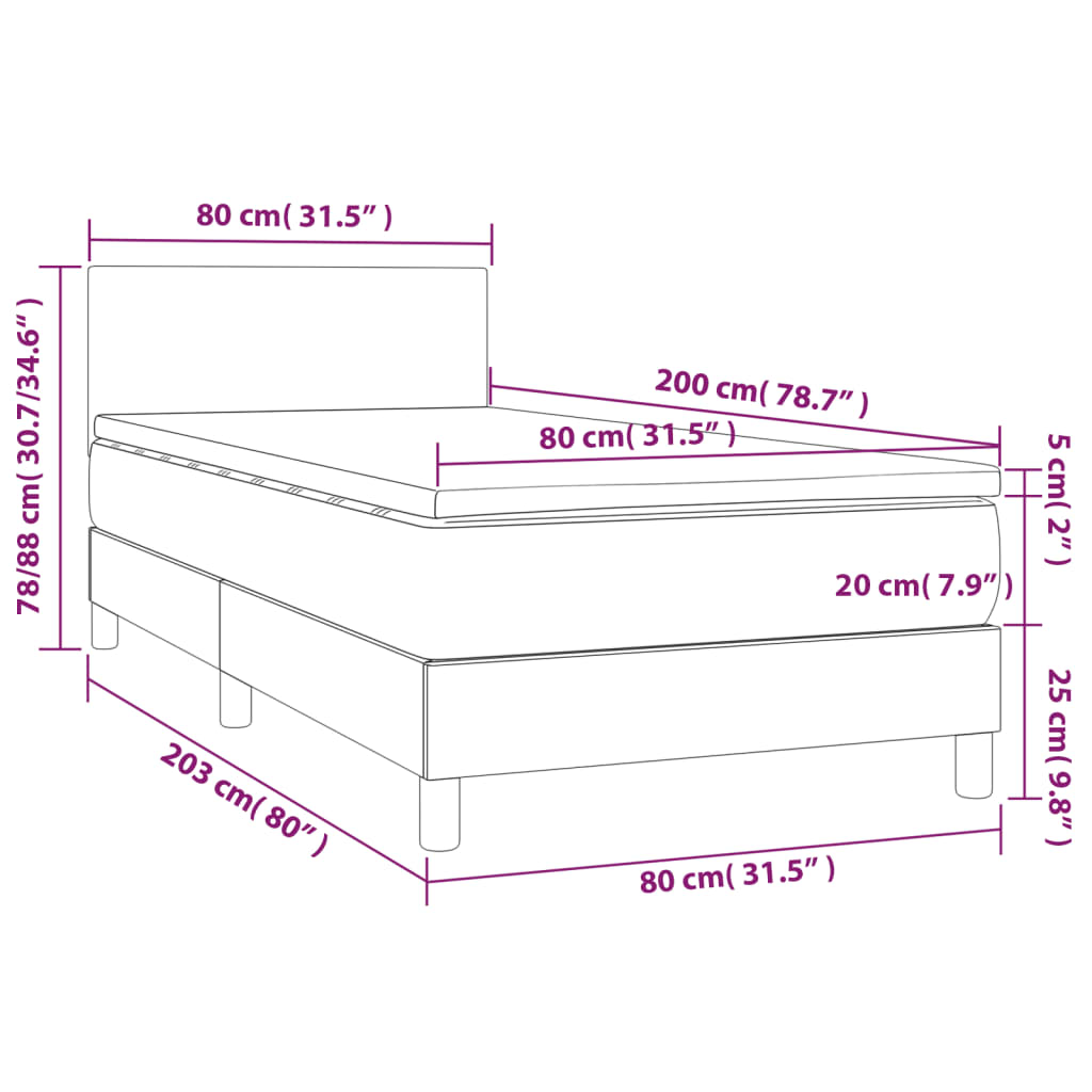 vidaXL Lova su spyruoklėmis/čiužiniu/LED, taupe, 80x200cm, audinys