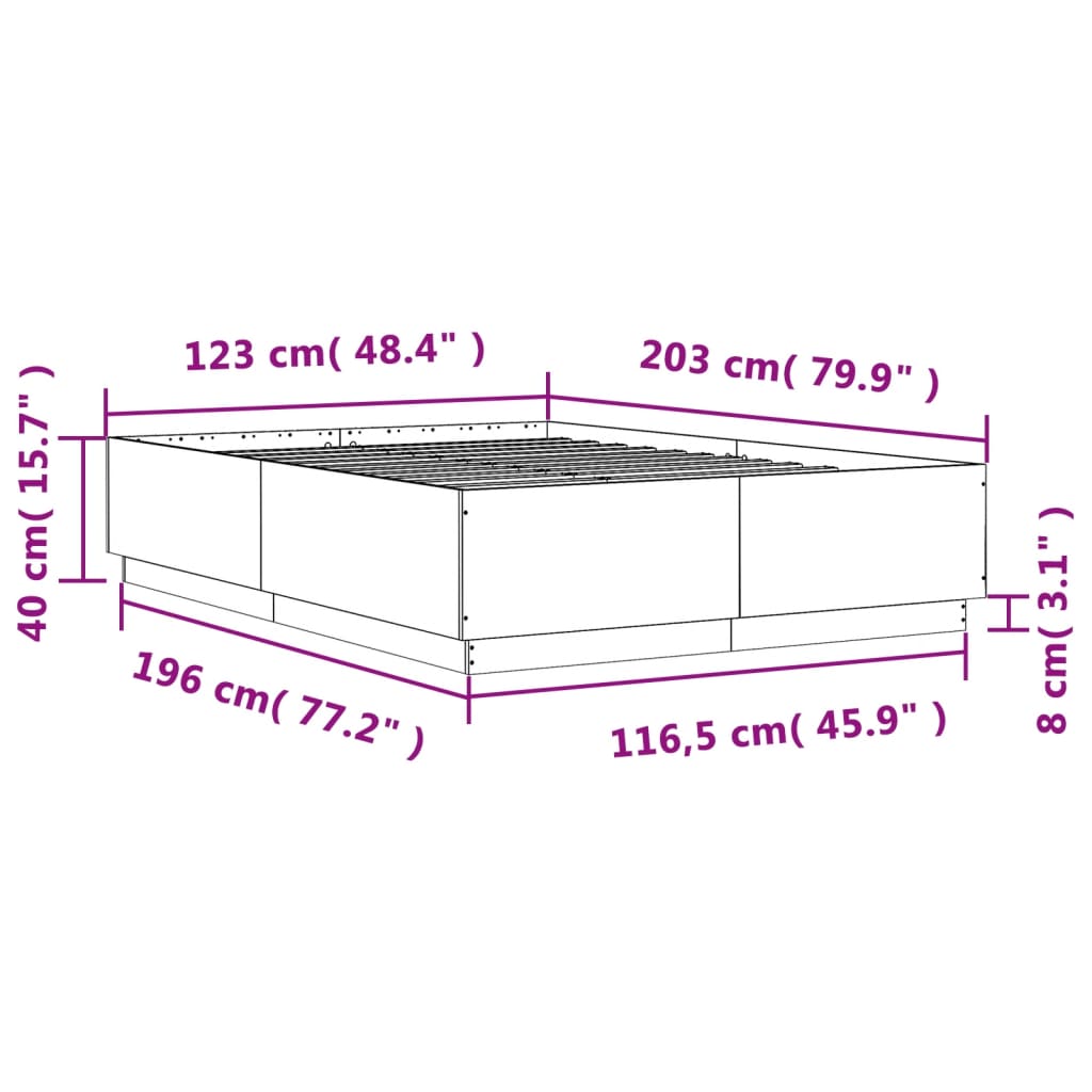 vidaXL Lovos rėmas su LED, betono pilkas, 120x200cm, apdirbta mediena