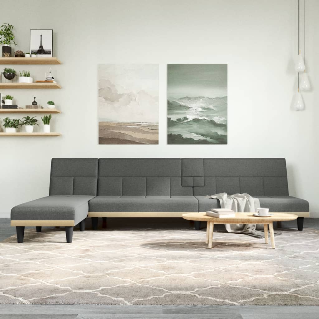 vidaXL L formos sofa-lova, tamsiai pilka, 255x140x70cm, audinys