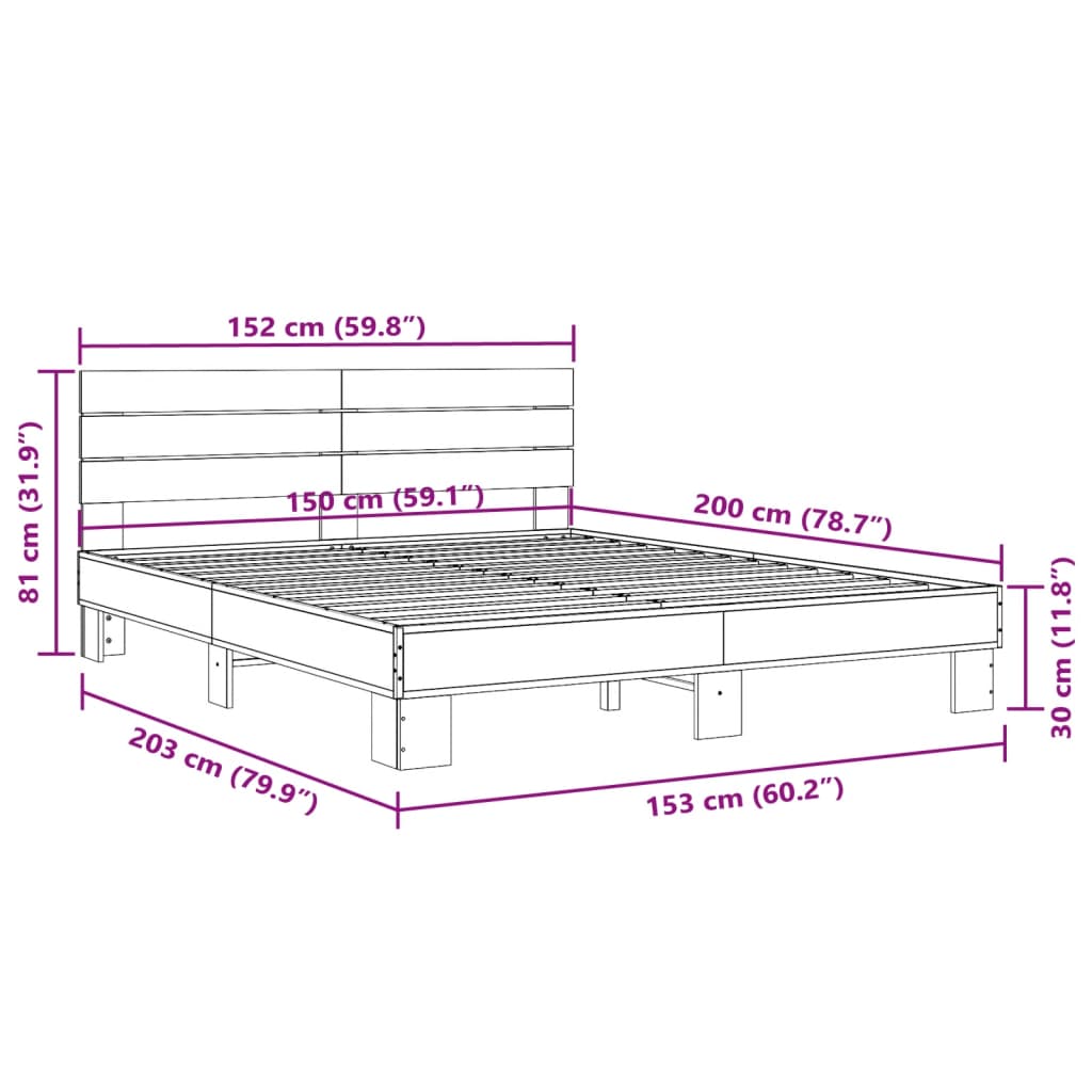 vidaXL Lovos rėmas, dūminio ąžuolo, 150x200cm, mediena ir metalas