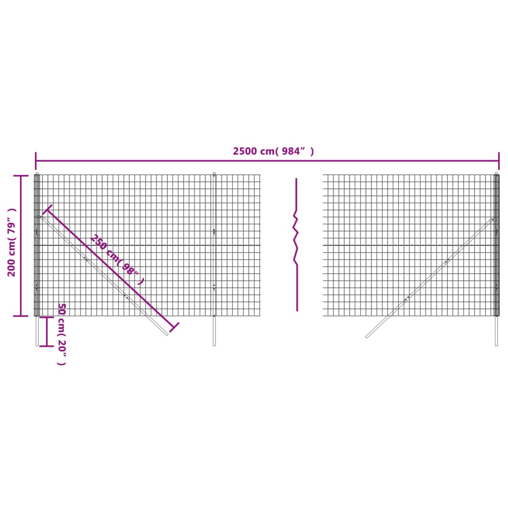 vidaXL Vielinė tinklinė tvora, antracito, 2x25m, galvanizuotas plienas