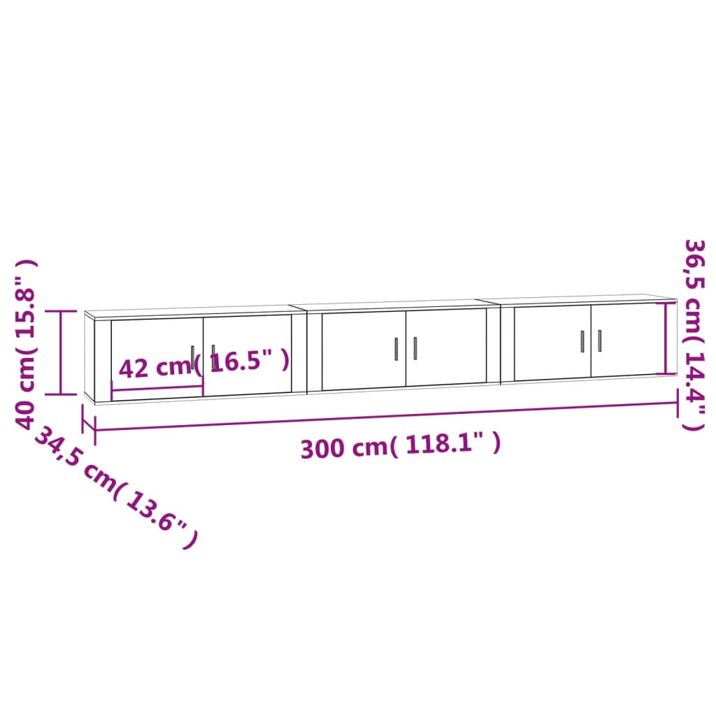 vidaXL Sieninės TV spintelės, 3vnt., dūminio ąžuolo, 100x34,5x40cm