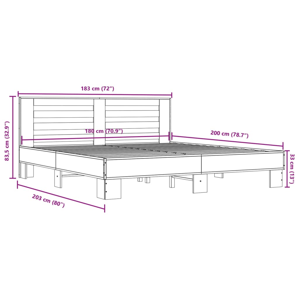 vidaXL Lovos rėmas, ąžuolo, 180x200cm, apdirbta mediena ir metalas