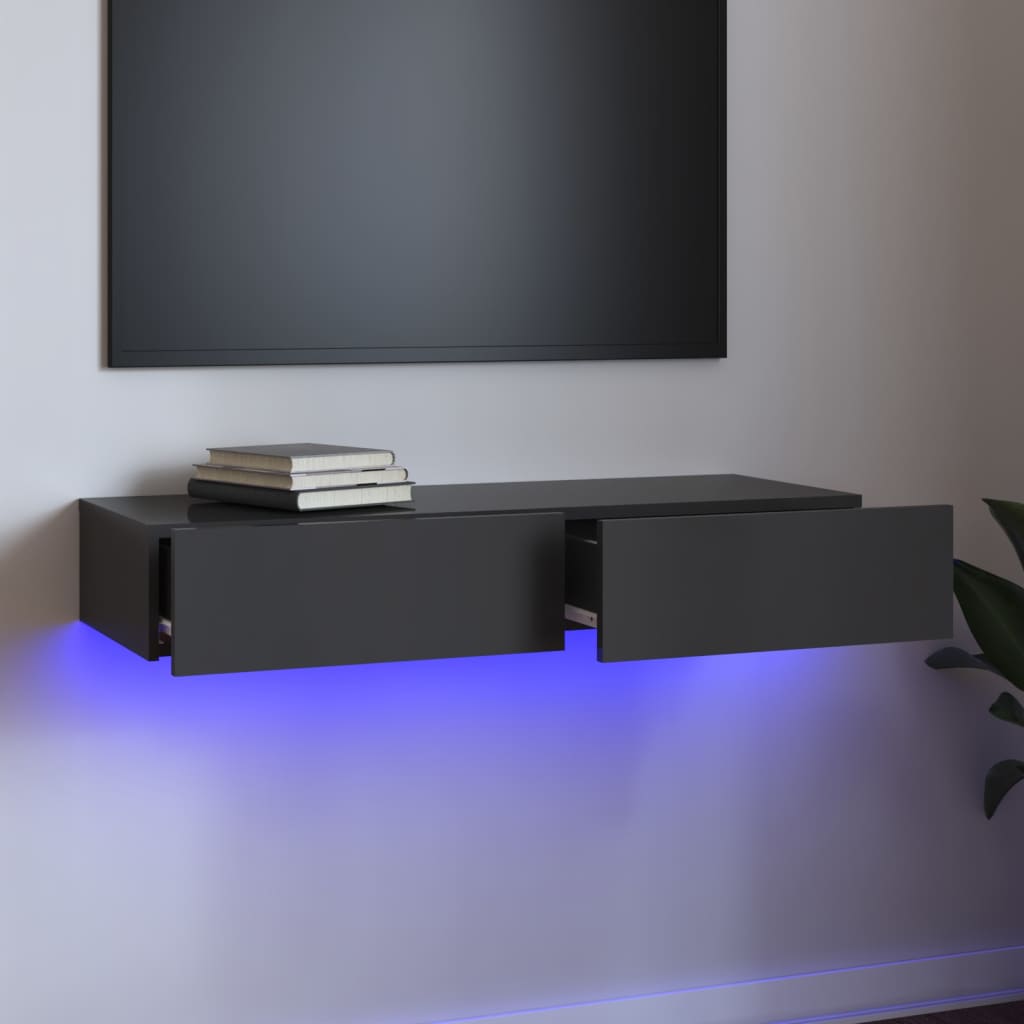 vidaXL TV spintelė su LED apšvietimu, pilka, 90x35x15,5cm, blizgi